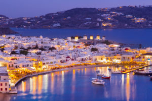 Mykonos port at night - Greek yacht charter destination